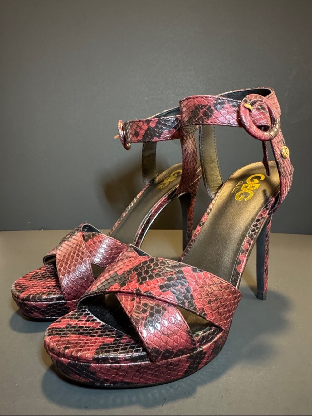 G by Guess Red Snakeskin Ankle-Strap Platform Heels - Picture 3 of 12